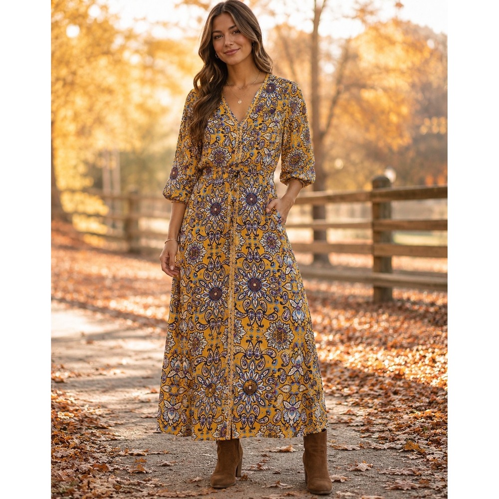 Everly 3/4 Sleeve Long Length Dress Gold Paisley Blue Purple Fall Boho Small